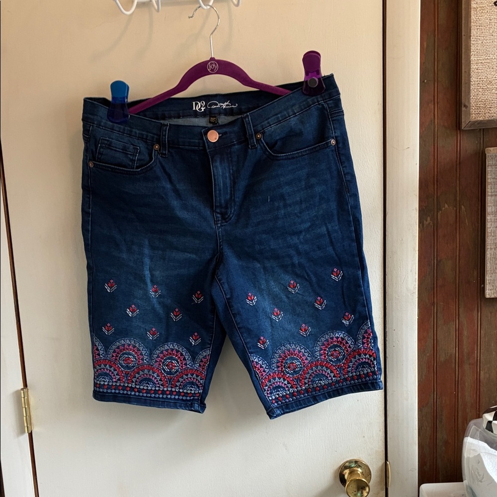 DG2 by Diane Gilman Dark Indigo Denim Shorts with Red Embroidery